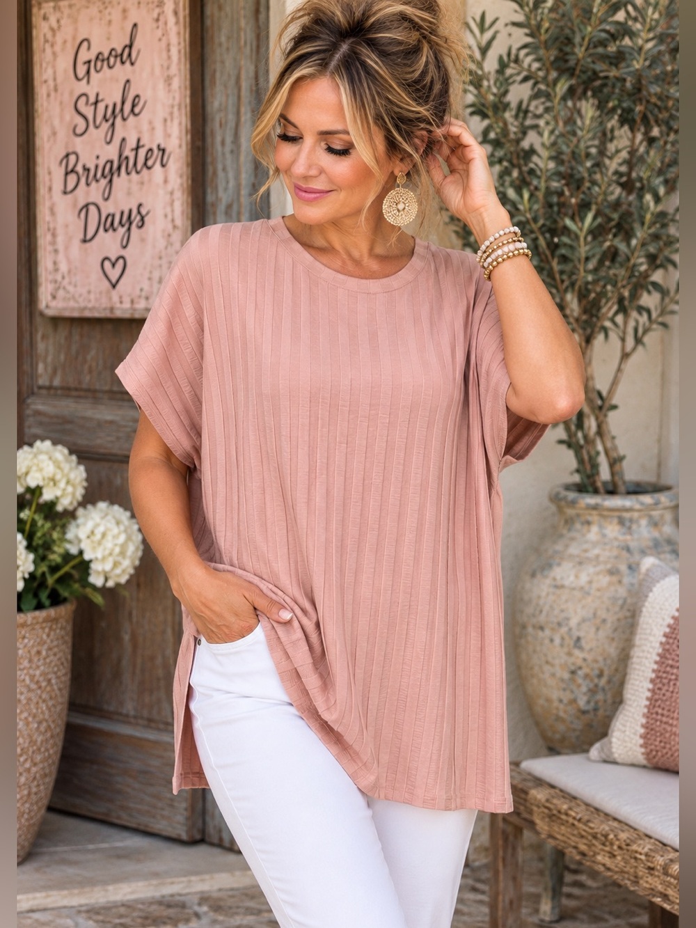 Eileen Fisher XL Dusty Rose TENCEL Ribbed Relaxed Tunic Top Side Slits